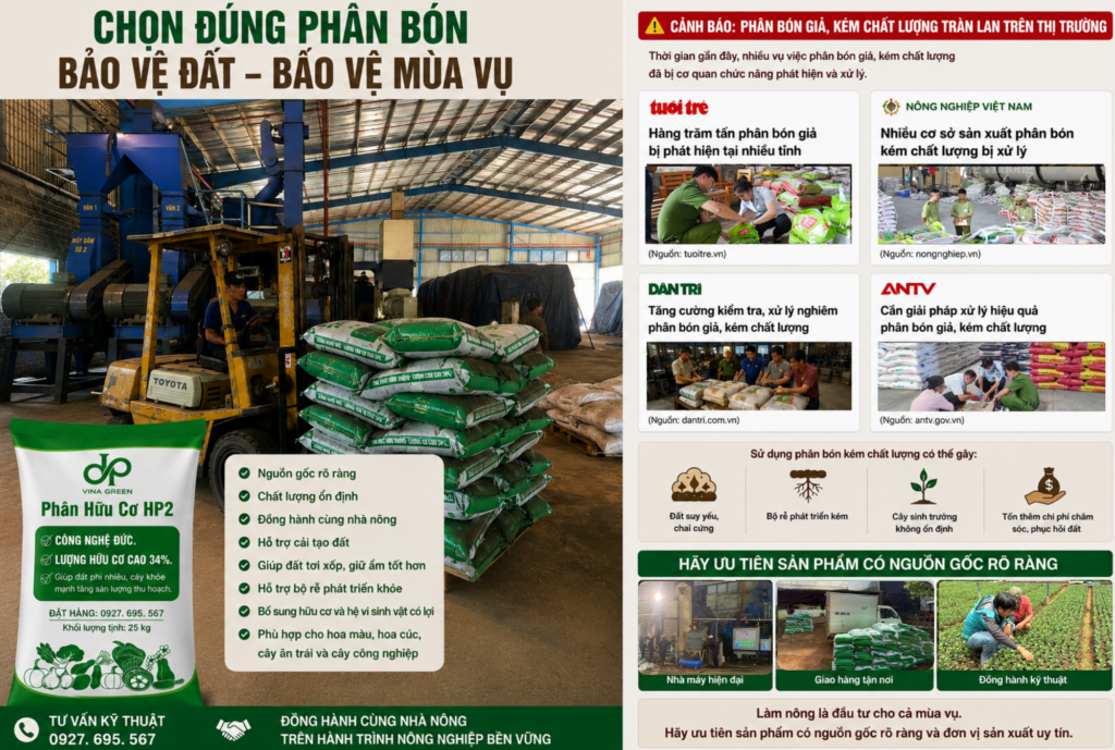 Phân Hữu Cơ HP2 của DP VINA GREEN giúp cải tạo đất, tăng độ tơi xốp, phát triển bộ rễ và hỗ trợ cây trồng sinh trưởng bền vững. Nguồn gốc rõ ràng, công nghệ Đức.